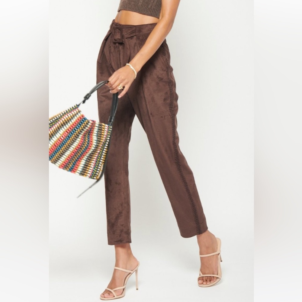 Jonathan Simkhai Dark Brown Suede Pants with Belt & Braiding Down Side, Size 0